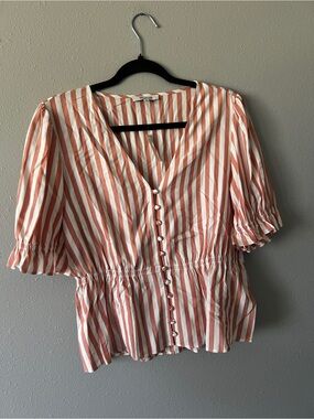 Madewell White & Coral Stripe Button-Front Peplum Blouse